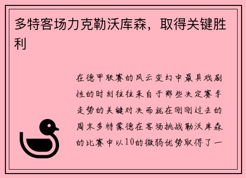 多特客场力克勒沃库森，取得关键胜利