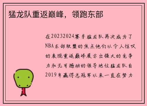 猛龙队重返巅峰，领跑东部