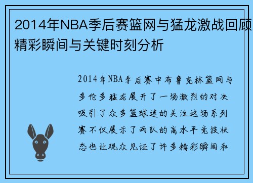 2014年NBA季后赛篮网与猛龙激战回顾精彩瞬间与关键时刻分析