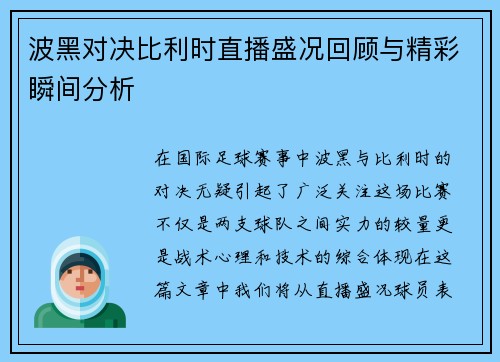 波黑对决比利时直播盛况回顾与精彩瞬间分析