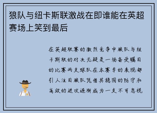 狼队与纽卡斯联激战在即谁能在英超赛场上笑到最后