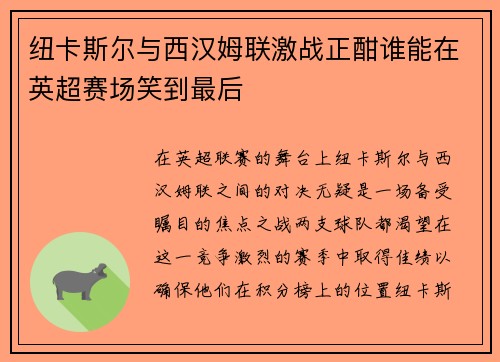 纽卡斯尔与西汉姆联激战正酣谁能在英超赛场笑到最后