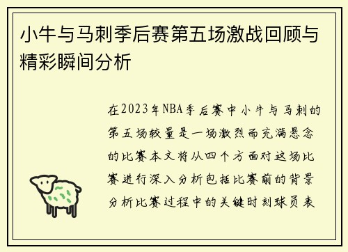 小牛与马刺季后赛第五场激战回顾与精彩瞬间分析