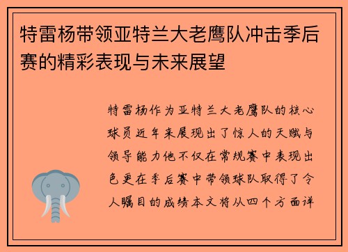 特雷杨带领亚特兰大老鹰队冲击季后赛的精彩表现与未来展望